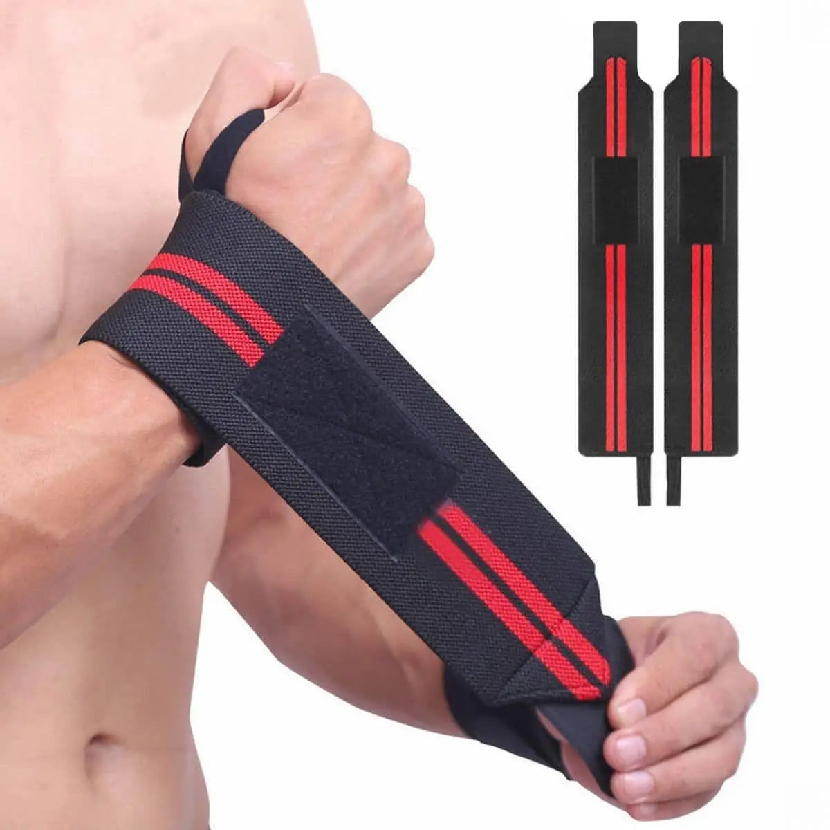 A hand is wearing a black wristband with red stripes, shown next to a pair of wristbands.