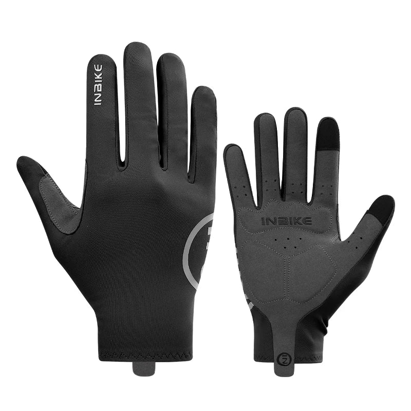 A pair of black Inbike heavy-duty cycling gloves with silicone palm pads shown against a white background.