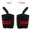 A pair of black heavy duty wrist wraps with red stripes shown from the side.