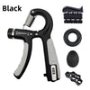 Black adjustable hand grip strengthener with coiled spring and various attachments for forearm muscle building