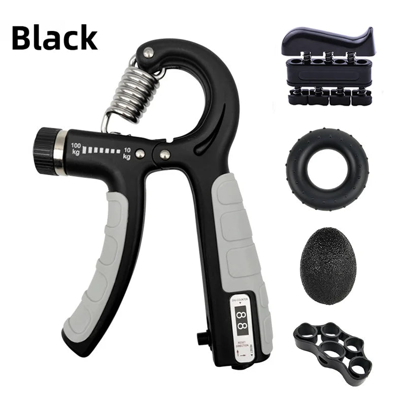 Black adjustable hand grip strengthener with coiled spring and various attachments for forearm muscle building