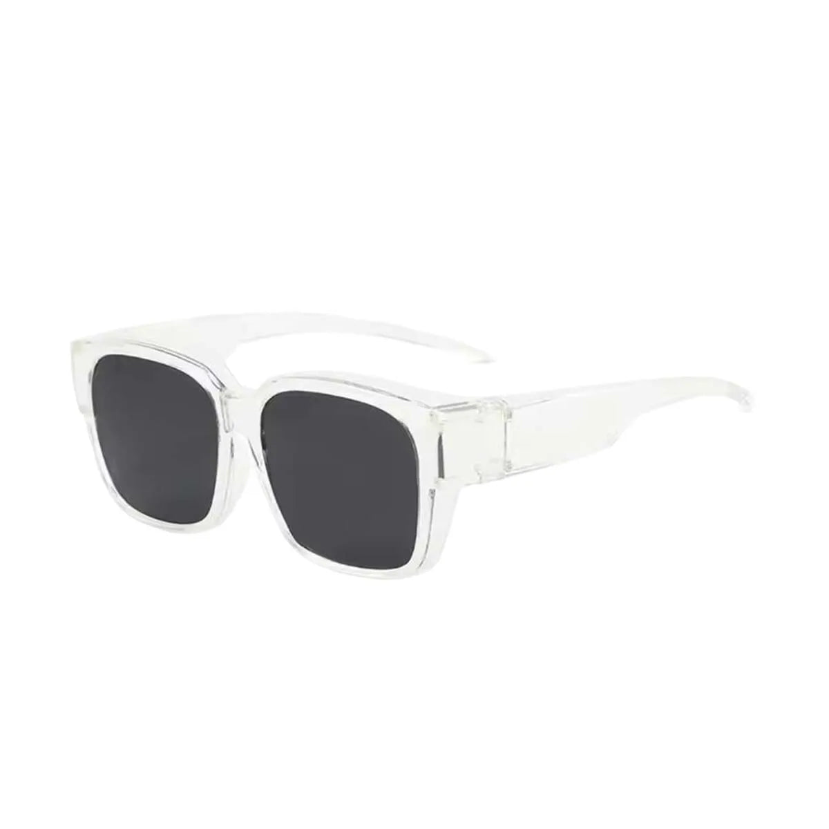 Clear wrap-around sunglasses with dark lenses and glasses compatibility