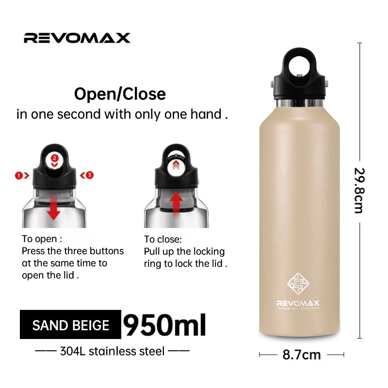 Sand beige double-wall insulated stainless steel thermos bottle with black lid and straw