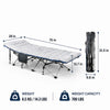 A portable foldable camping cot with a padded mattress shown with its dimensions and weight capacity.
