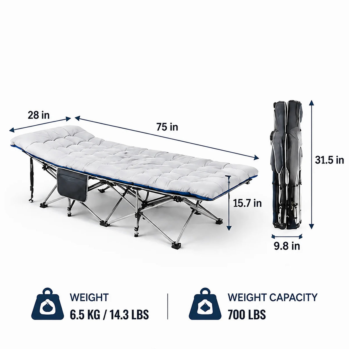 A portable foldable camping cot with a padded mattress shown with its dimensions and weight capacity.