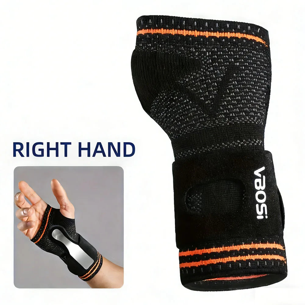 Black and orange adjustable wrist palm support brace for the right hand
