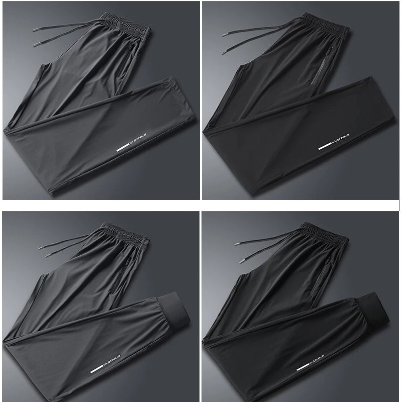Black men's ice silk performance pants shown in multiple angles