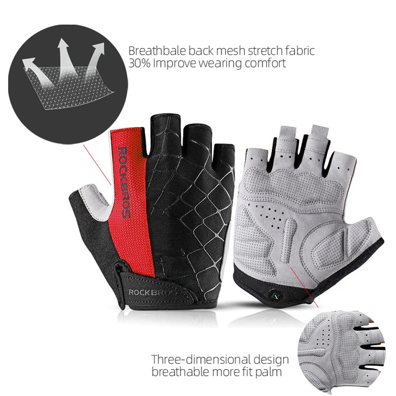A pair of black and gray cycling gloves shown with text highlighting features like breathable mesh fabric and a three-dimensi