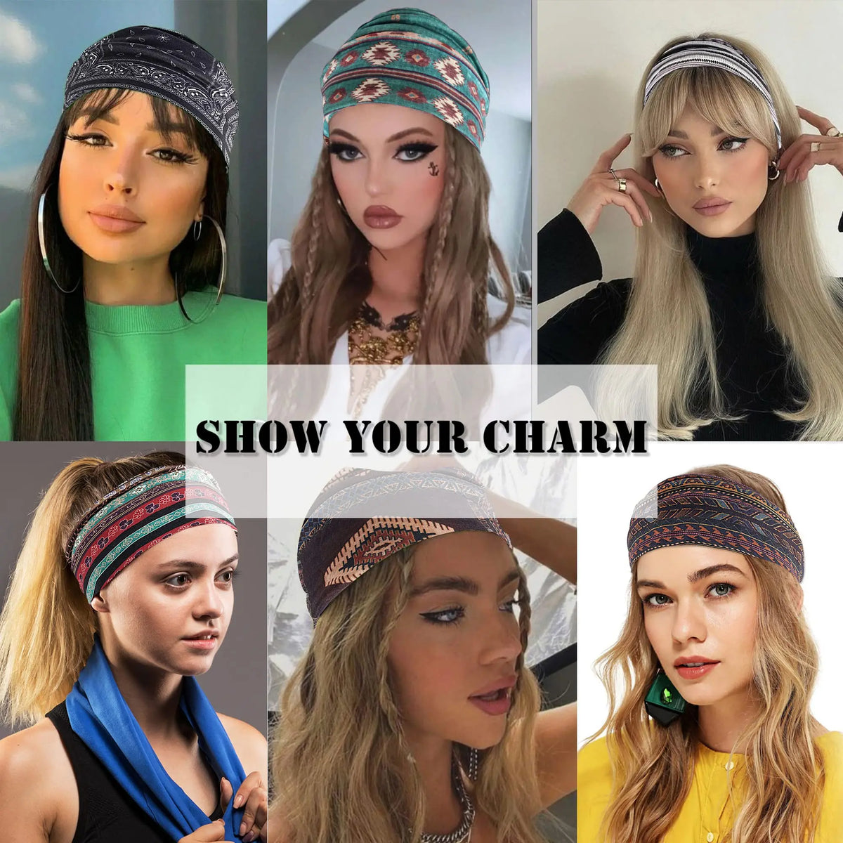 A collage of women wearing boho cotton turban headbands in various colors and styles for workout and yoga.
