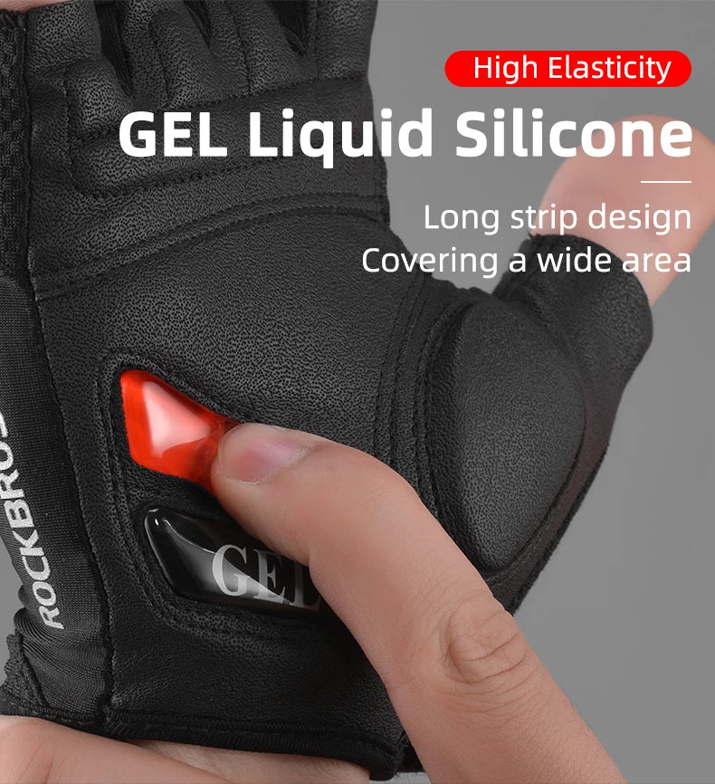 A hand is demonstrating a black GEL liquid silicone glove designed for cycling or MTB riding.