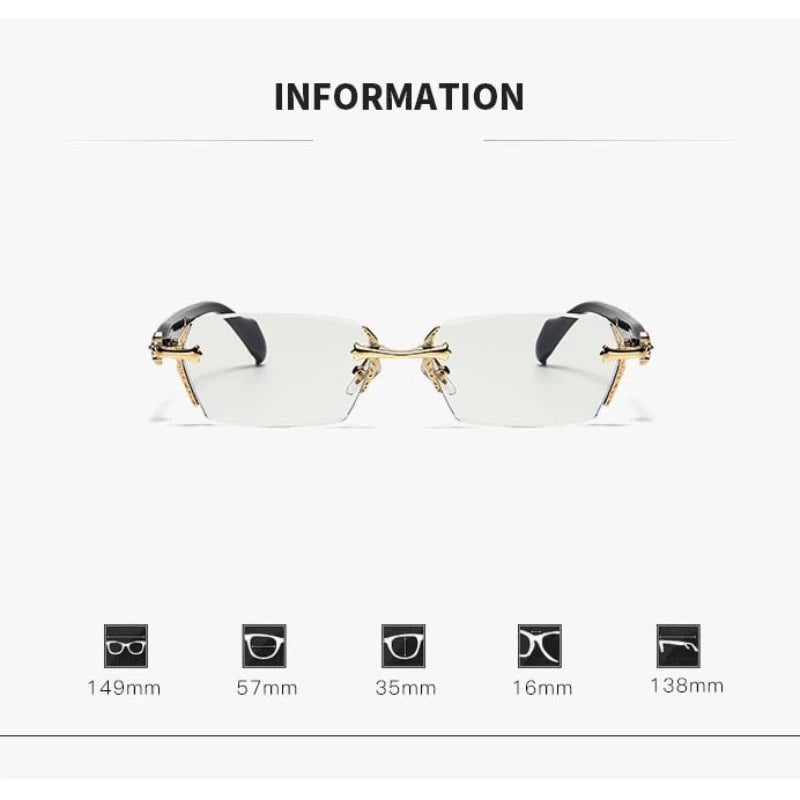 A pair of clear, frameless prescription glasses with gold accents shown against a white background.