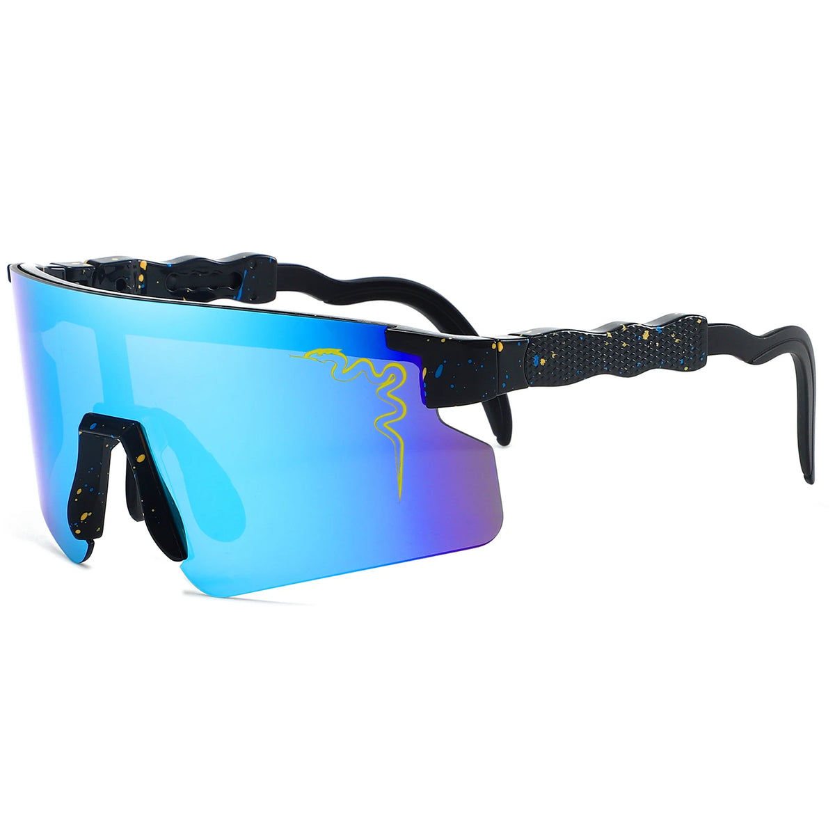 Blue mirrored cycling sunglasses with black frames and purple-yellow gradient lens
