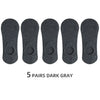 Five pairs of dark gray men's invisible silicone no-show socks laid out in a row.