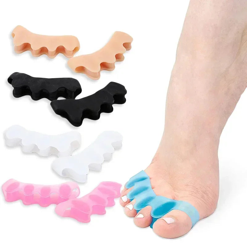 Various silicone toe separators and foot stretchers in various colors shown next to a foot.