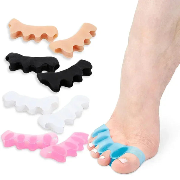 Various silicone toe separators and foot stretchers in various colors shown next to a foot.