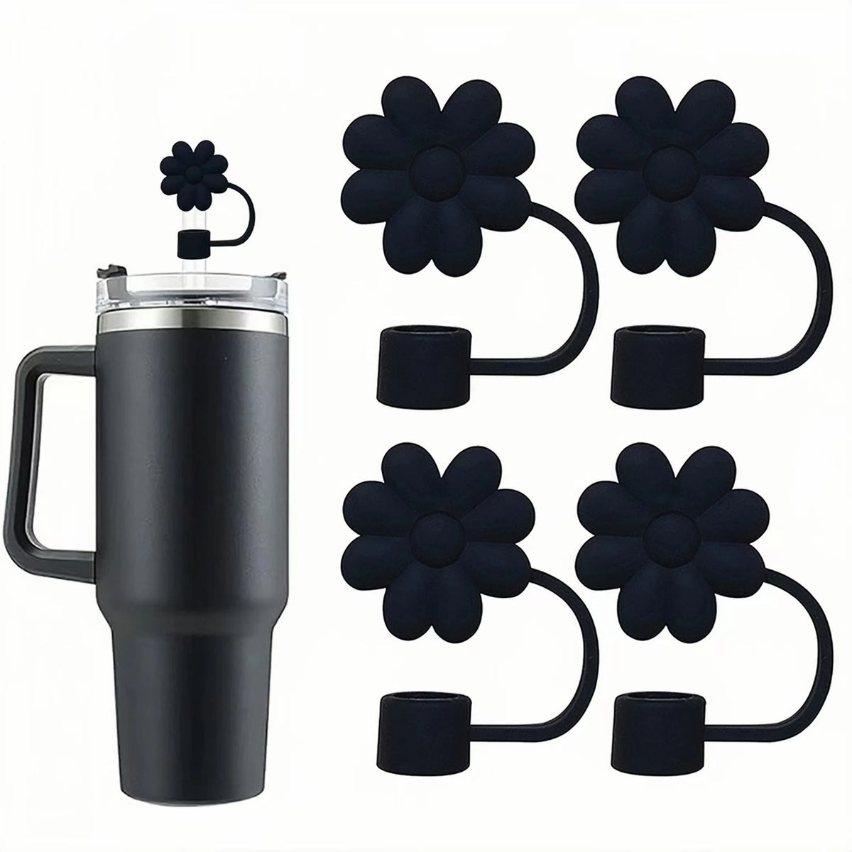 Black silicone straw covers for tumblers and water bottles shown next to a stainless steel tumbler.