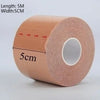 Roll of peach-colored kinesiology tape with markings indicating 5cm width and 5m length.