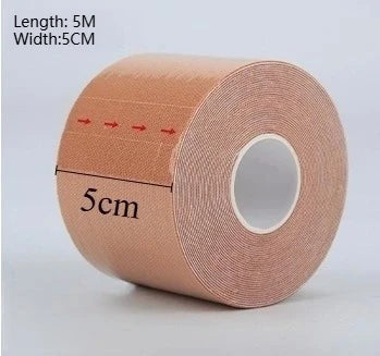 Roll of peach-colored kinesiology tape with markings indicating 5cm width and 5m length.