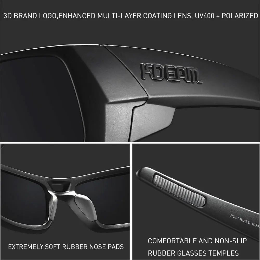 Black polarized sports sunglasses with a 3D brand logo and soft rubber nose pads