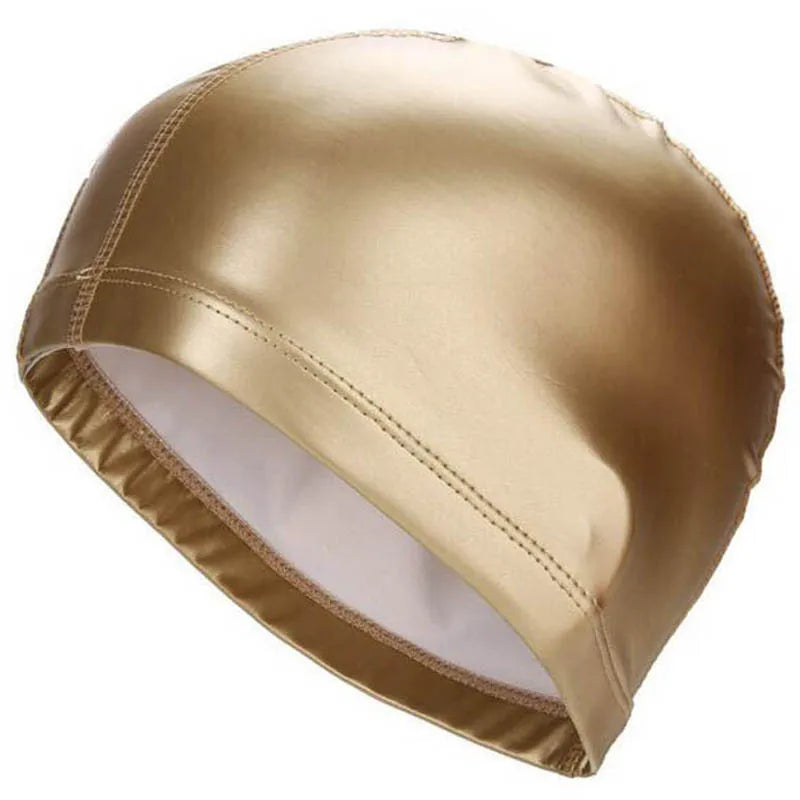 A shiny gold waterproof swim cap for long hair protection shown from the side.