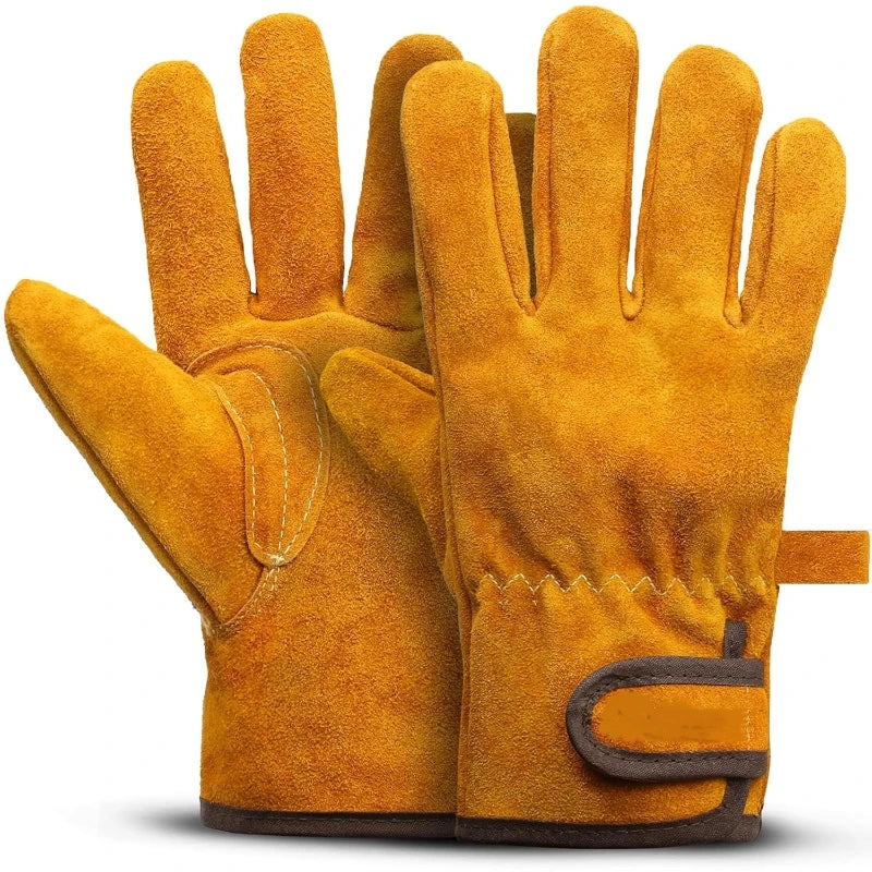 A pair of bright orange heavy duty cowhide leather welding and work gloves shown in a close-up view.