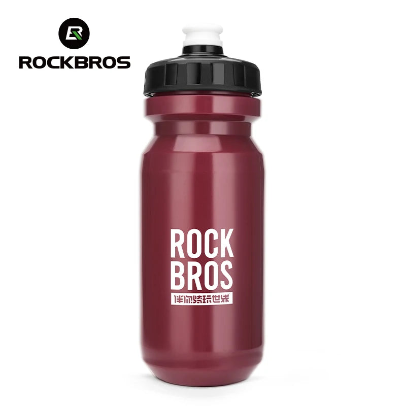 A maroon sports water bottle with a black cap and white top, branded with the ROCKBROS logo.