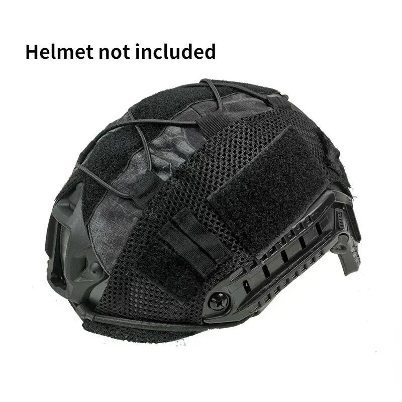 Black tactical helmet cover for airsoft and paintball, showing the exterior of the protective gear.