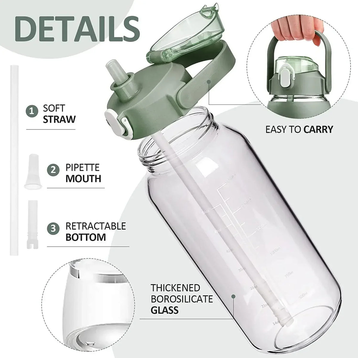 Klares Glaswasserflasche mit grünem Deckel und Strohhalm, zeigt Details wie den Pipettenausgang und dickes Borosilikatglas.