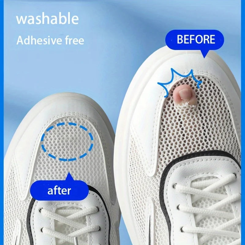 Before and after comparison of a shoe repair patch application on a white sneaker.