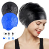 Schwarze Silikon-Schwimmhaube-Set mit blauer Haube, gezeigt auf dem Kopf einer Frau und als separate Teile