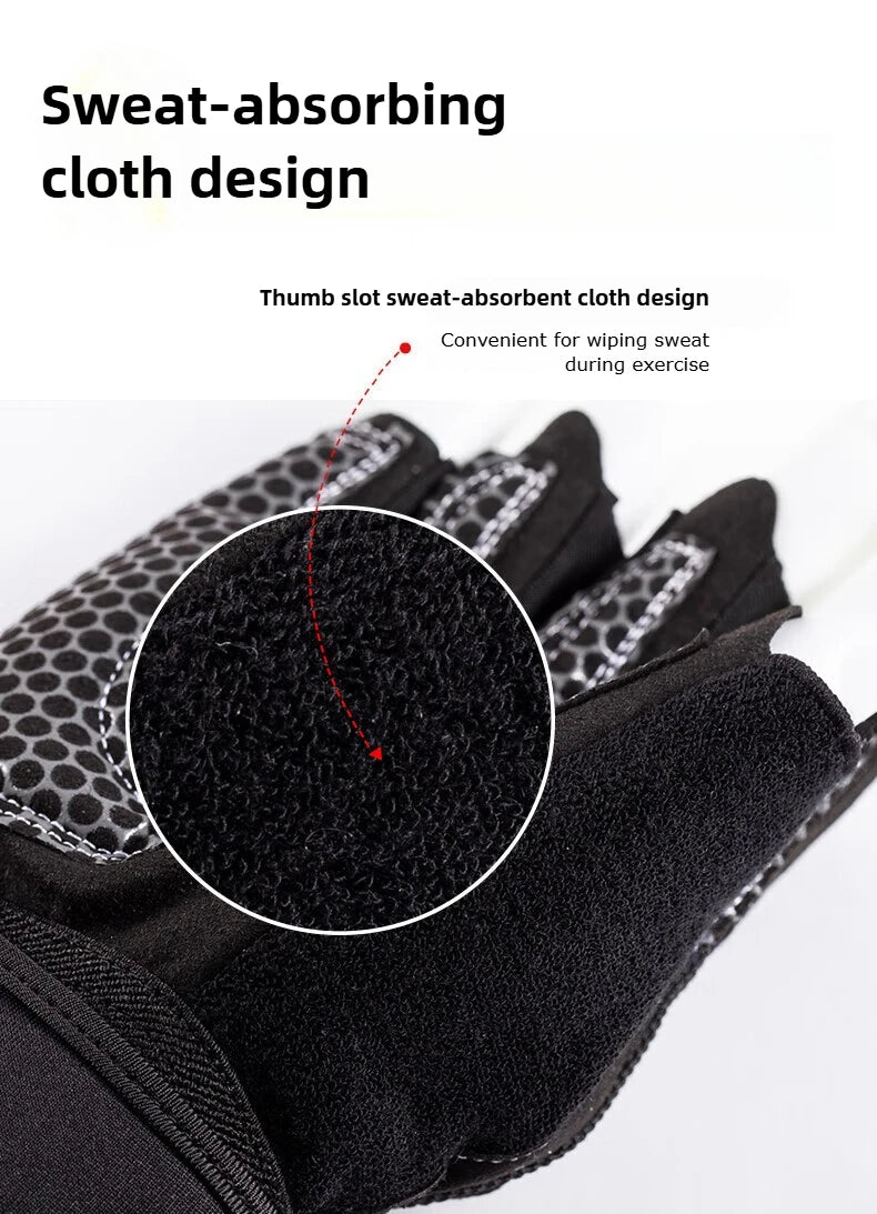 Gros plan sur un tissu noir absorbant la sueur sur des gants de sport à demi-doigt.
