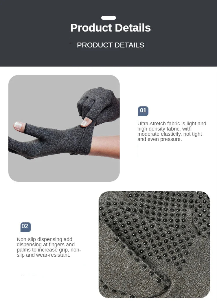 Nahaufnahme eines grauen Kompressions-Handgelenk-Stützhandschuh, der die Stoffstruktur und Designdetails zeigt.