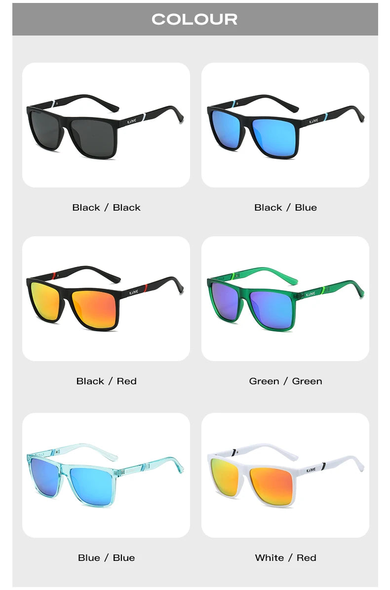 A grid showing various color combinations of polarized sports sunglasses including black, blue, red, green, and white.