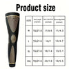 Product size chart for a black full leg compression sleeve showing measurements for sizes M, L, XL, and XXL.