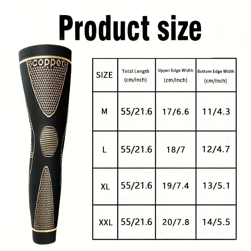 Product size chart for a black full leg compression sleeve showing measurements for sizes M, L, XL, and XXL.
