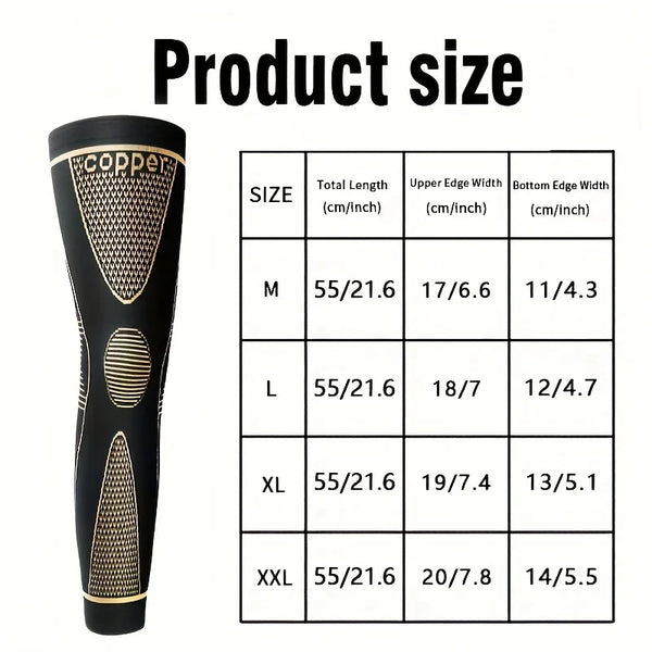 Tableau des tailles pour une manche de compression noire à longue jambe, montrant les mesures pour les tailles M, L, XL et XX