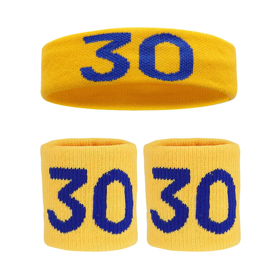Un set de bandeaux de tête et de poignet jaunes avec le chiffre 30 imprimé en bleu.