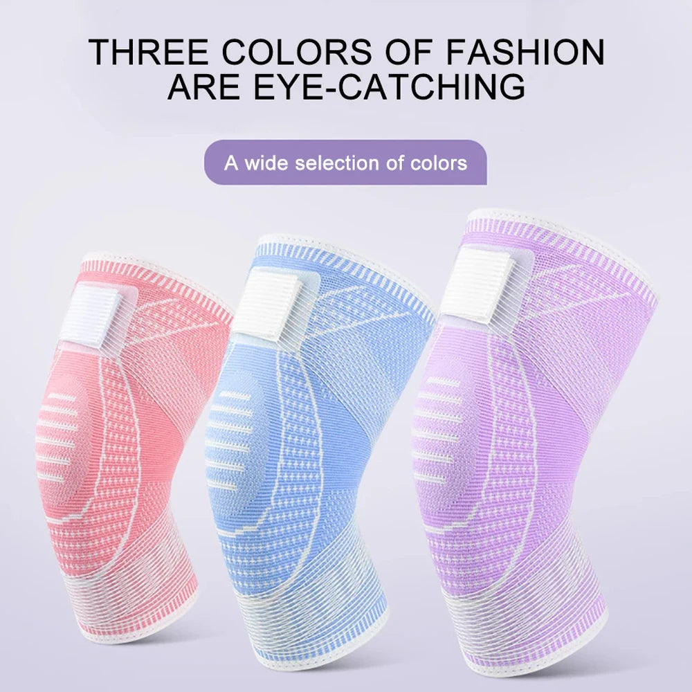Three colored knee compression sleeves in pink, blue, and purple displayed together.