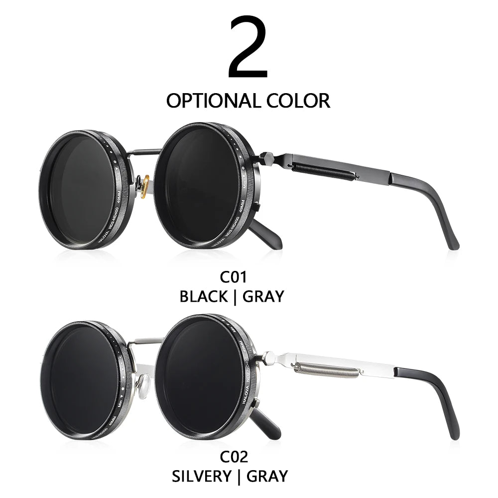 Une paire de lunettes de soleil noires avec des options de couleur argent ou gris présentées en studio.