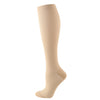 A beige compression sock shown standing upright against a white background.