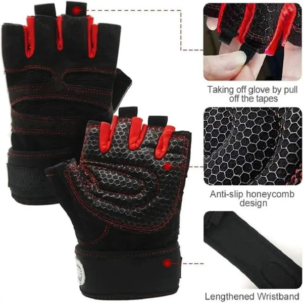 Black fitness workout gloves with red accents showing the design and wristband.