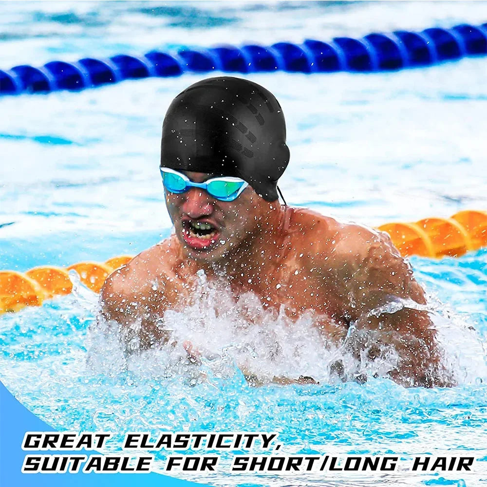 A man wearing a black swimming cap is splashing water during a swim test.