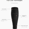 Black professional sports leg guard featuring four core technologies including non-slip design, moisture wicking, and muscle 