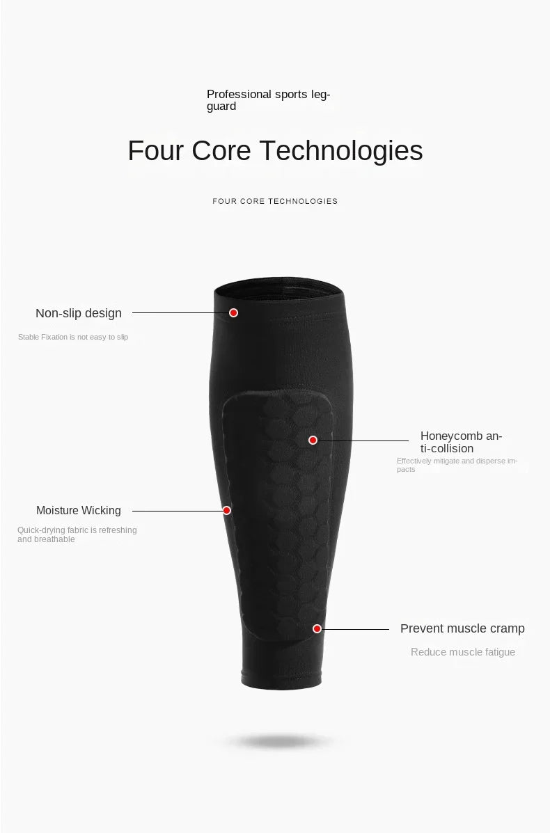 Black professional sports leg guard featuring four core technologies including non-slip design, moisture wicking, and muscle 
