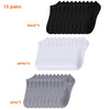Un paquete de 15 pares de calcetines casuales transpirables para barco en colores negro, blanco y gris.