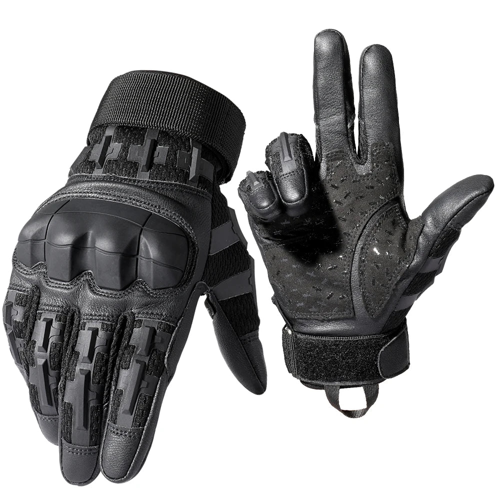 A pair of black tactical PU leather finger gloves shown against a white background.