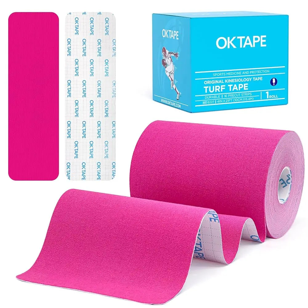 A roll of pink sports medicine original kinesiology turf tape with a box and a single strip shown.