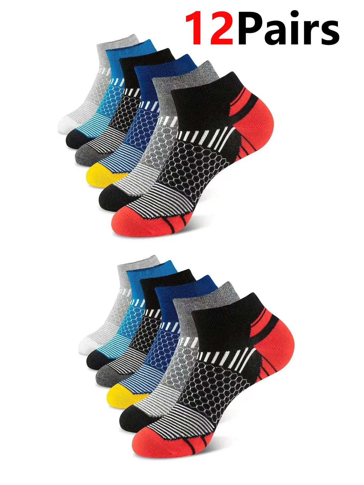 A set of 12 pairs of athletic knit ankle socks in various colors and patterns.