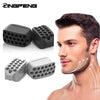 A man is shown using a silicone jawline exerciser for facial toning, demonstrating the product's use on his jaw and neck.