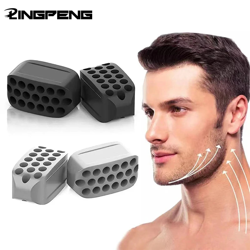 A man is shown using a silicone jawline exerciser for facial toning, demonstrating the product's use on his jaw and neck.